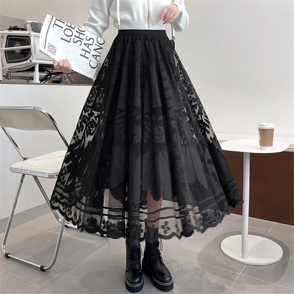 Elegant High Waist Black Big Swing Tulle Skirt Autumn Women'S Lace Mesh Long Skirt Korean Loose All Match Pleated Skirt Clothes
