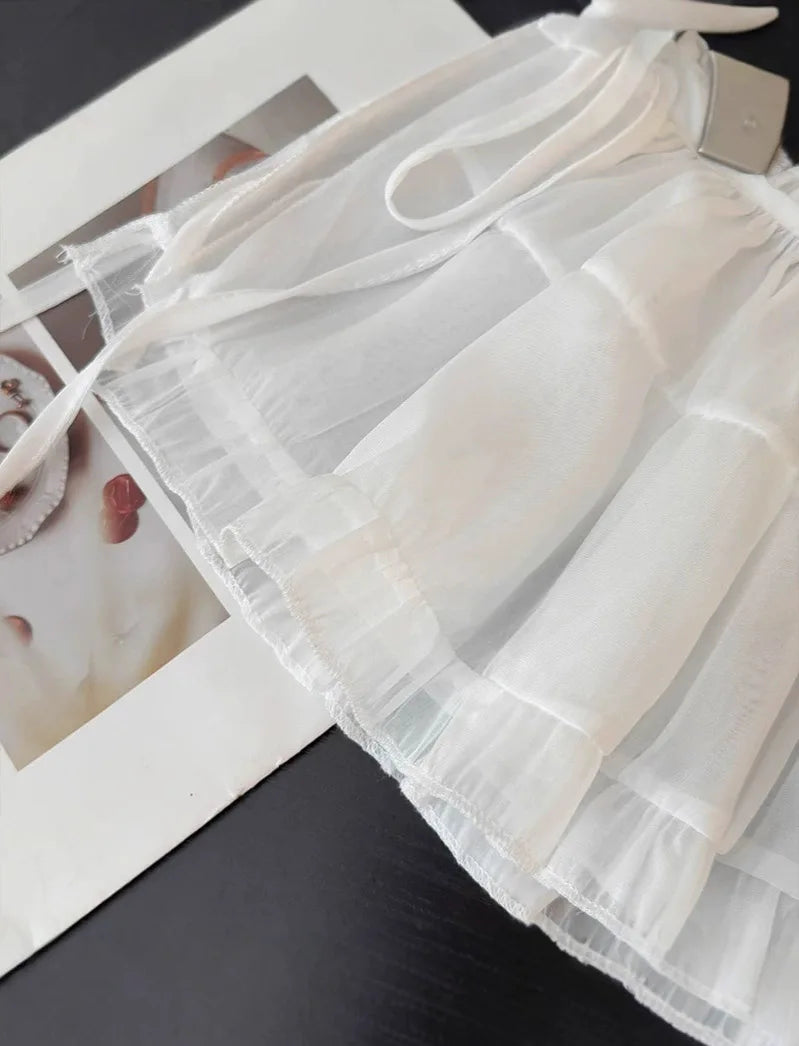 Plus size Spring All-Match French Lace Strap Design Fashion Pleated Skirt Fart Curtain Skirt Ruffle Trim Belted A- Line Skirt