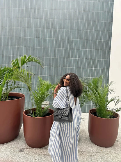 American Women's Fashion Loose and Laid-back Style Deep V-neck Long Striped Dress for Women, African Chic Plus-size Long Dress