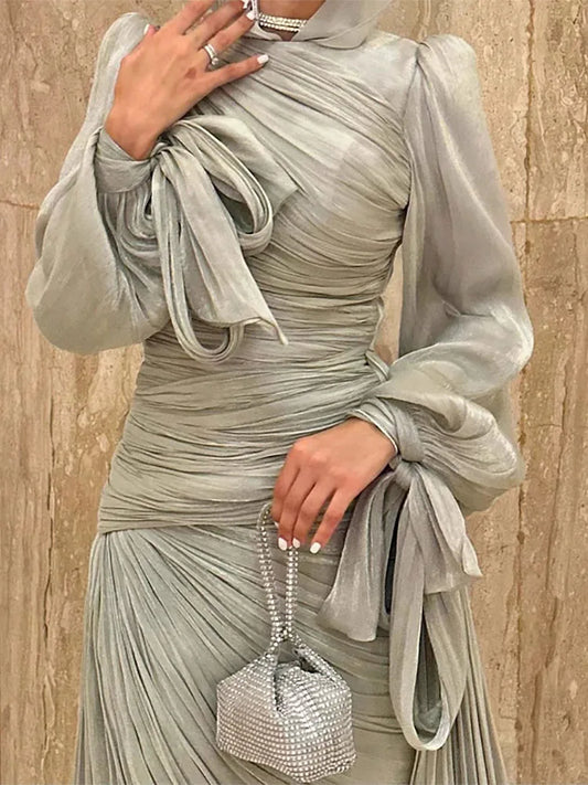 Fashion Lantern Sleeves Autumn Party Dress 2025 Elegant Solid Color Lace Up Dress Ladies O-neck High Waisted Pleated Long Dress