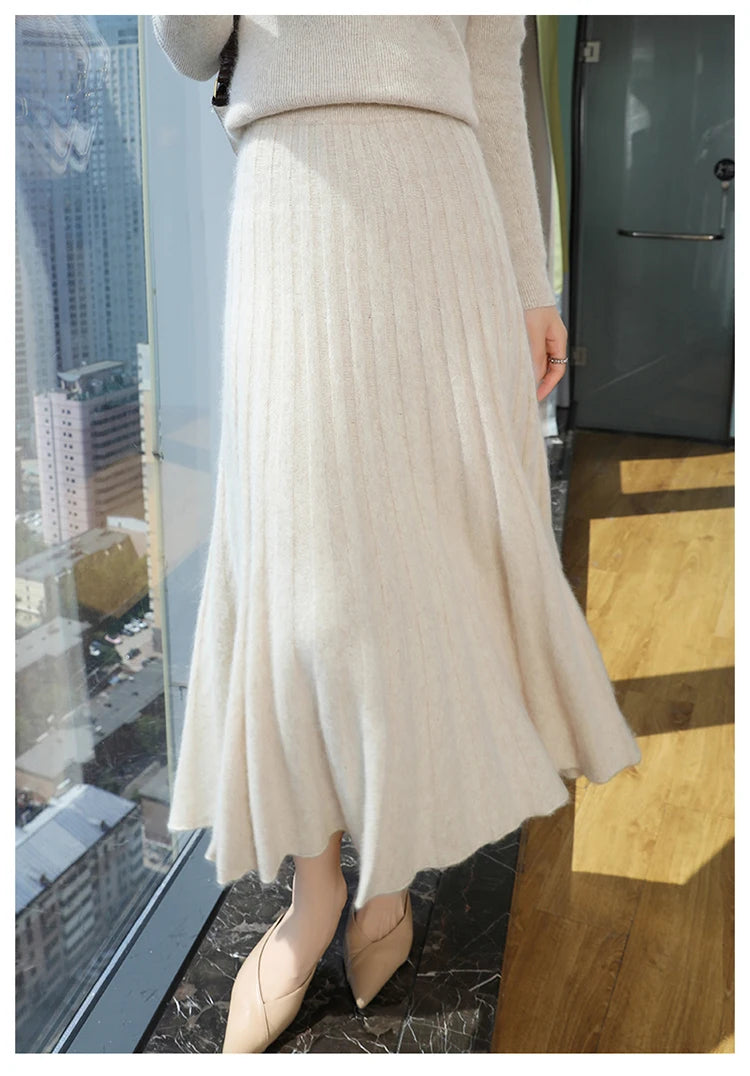 mink cashmere skirt Fashion long dress women A-line skirt autumn winter loose pleated skirt elegant high-waisted skirt ladies