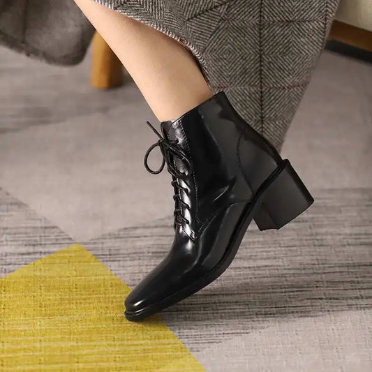 Krazing Pot 2025 Hot Sale Genuine Leather Square Toe Chelsea Boots High Heels Winter Season Lace Up Superstar Ins Ankle Boots