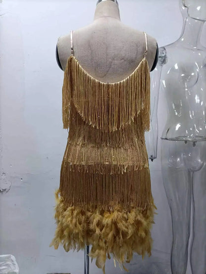 Summer Fashion Elegant Tassel Sequin Dress Women's Sexy Slim Sleeveless V-neck High Waist Suspender Feather Stitching Dresses