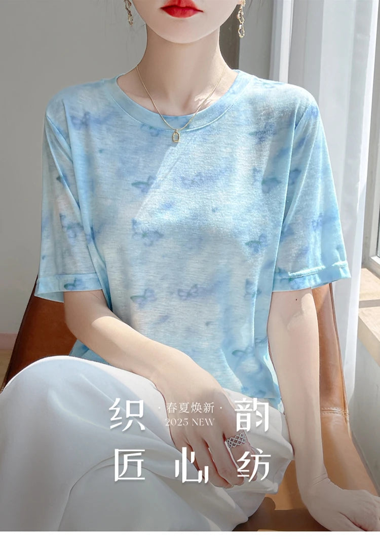 Spring And Summer New Lyocell Short Sleeve Sweater Loose Thin Half Sleeve T-shirt Printed Top