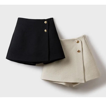 Tweed Wide Leg Shorts Skirts Women Chic Empire All-match Button Minority Elegant A-line Autumn Winter Thick Popular Daily Female