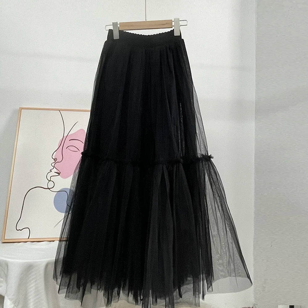 Hirsionsan Pleated Cake Skirts Women 2024 New Korean Harajuku Sweet Lace Skirt Ladies Elegant Party Ball Gown Female Mesh Skirt