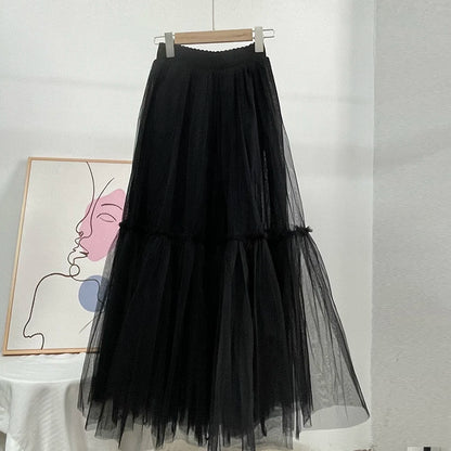 Hirsionsan Pleated Cake Skirts Women 2024 New Korean Harajuku Sweet Lace Skirt Ladies Elegant Party Ball Gown Female Mesh Skirt