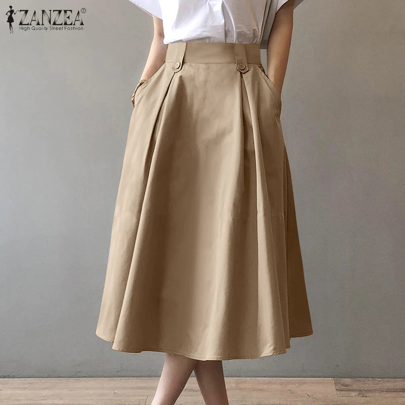 Women Elegant Office Work Skirts ZANZEA Autumn Summer High Waist Faldas Saia Jupe Casual Solid Midi Skirt Fashion Party Sundress