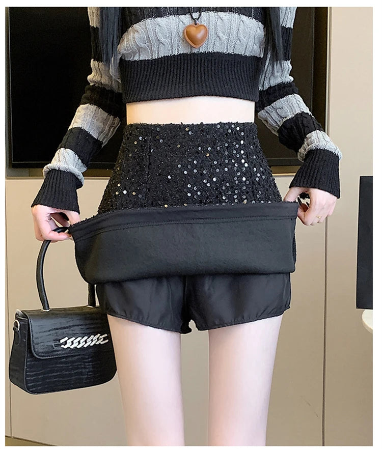 Fashion Y2K Streetwear Winter Mini Skirt Women Glitter Sequin Bodycon Tweed Skirts With Shorts A-Line Pink White Black Faldas