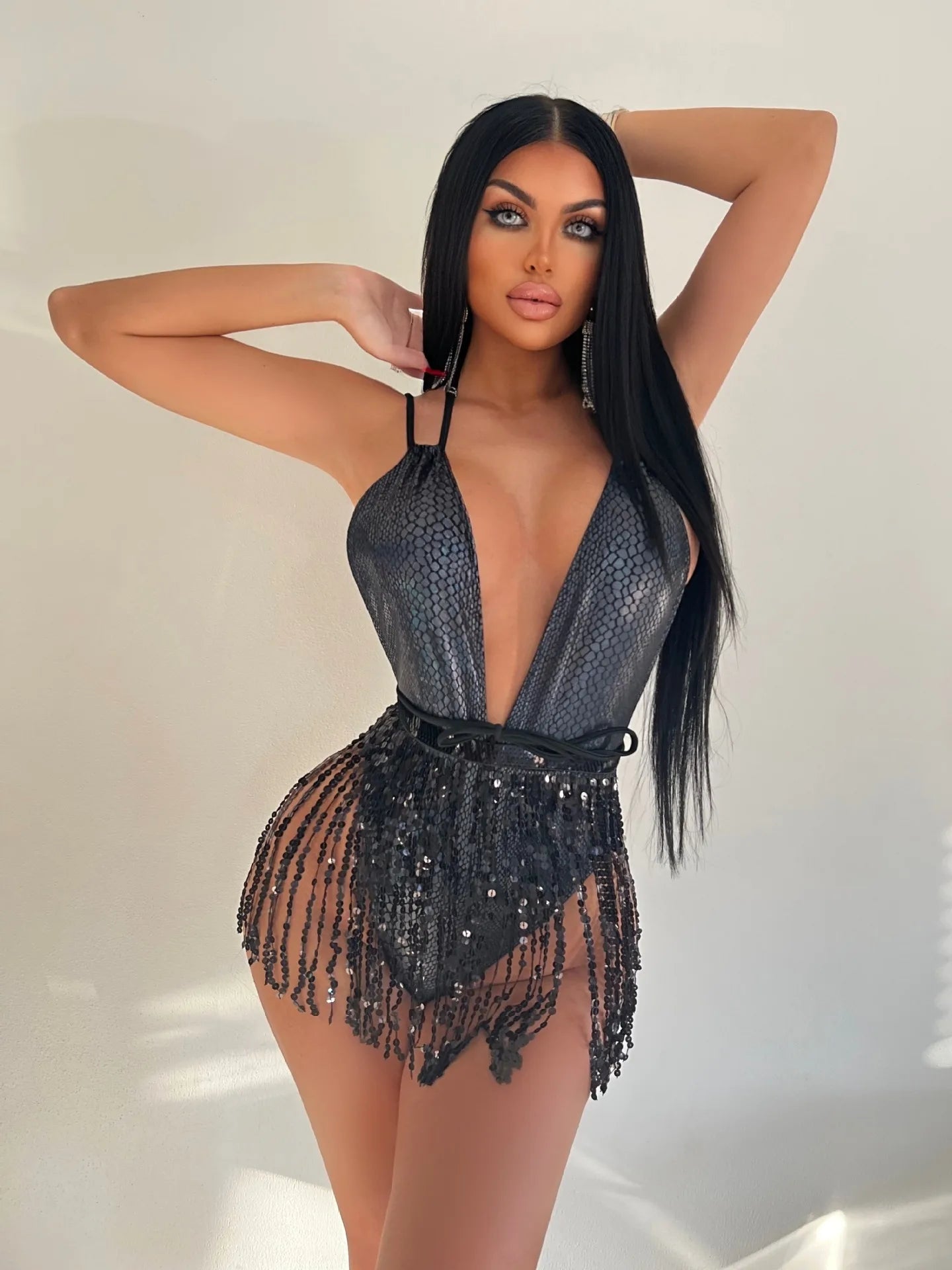 swimsuit women's new European and American sexy deep V swimsuitsNightclub hot girls tassel one-piece swimsuits