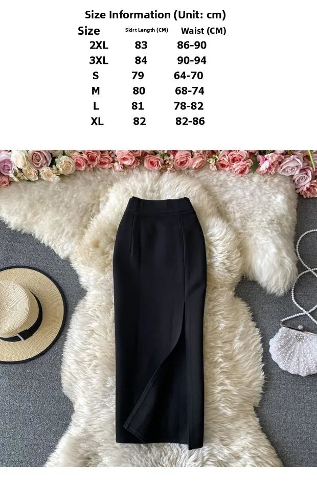 Faion High Waist  Color Midi Skirt Slimming Elastic Slit One Step OL Busin Bodycon Skirt Young Women Commute Sle