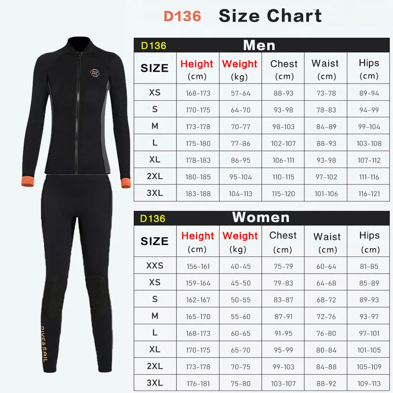 Wetsuit 3MM Neoprene Men Long Sleeve Split Wetsuit Warm Jacket Pants Plus Size Women Swimsuit Scuba Diving Snorkeling Surf Suit