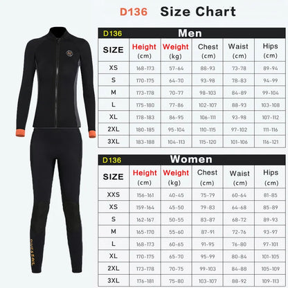 Wetsuit 3MM Neoprene Men Long Sleeve Split Wetsuit Warm Jacket Pants Plus Size Women Swimsuit Scuba Diving Snorkeling Surf Suit