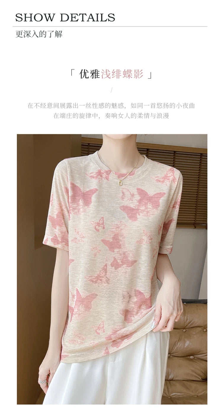 Spring And Summer New Lyocell Short Sleeve Sweater Loose Thin Half Sleeve T-shirt Printed Top