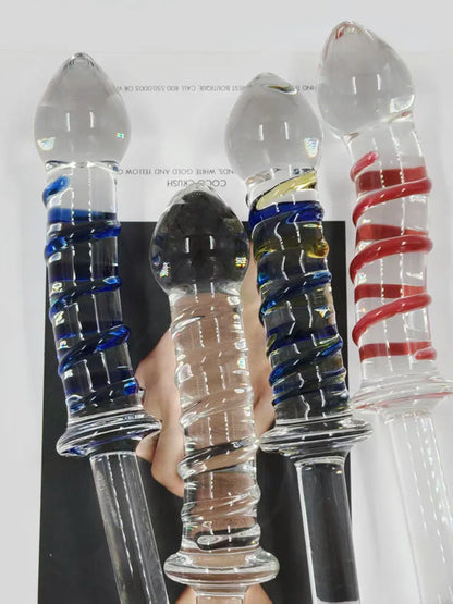 Adult sexual products, red and blue striped long handled glass dildo, female masturbation sex toys