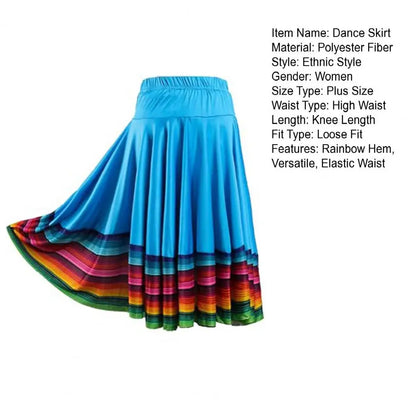 Midi Skirt Ladies Folk Dance Skirt Elastic High Waist Spanish Swing Skirt Rainbow Large Swing Hem Mexican Flamenco Dance Skirts