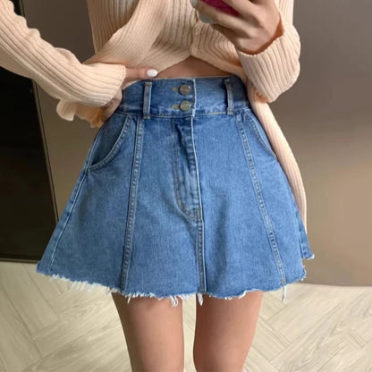 Chic High Waist A-Line  Skirt Women's Jeans ort Skirt Spring Vintage Slimming Splicing Hemming Girl's Faion Commute