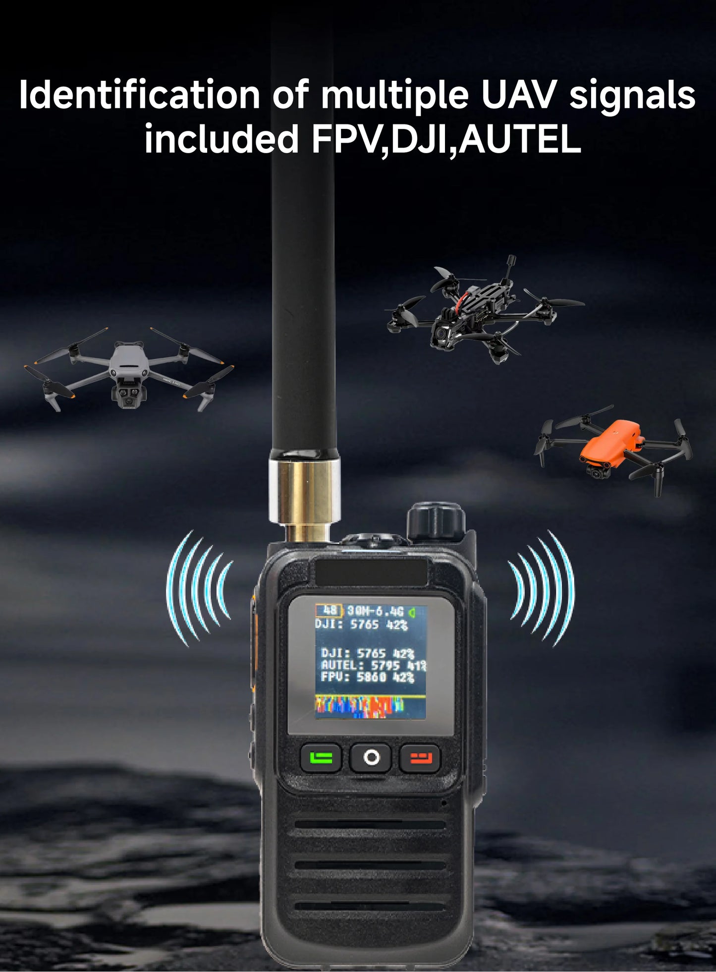 Drone Detector 2KM Long Distance UAV Detection Device Handheld 30-6400MHz Detection Drone Alarm Drone Video Transmission Signals