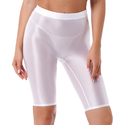 Women Glossy Shorts High Waist Fitness Short Leggings Oil Shiny Knee-Length Tights Swimming Trunks Female Workout Sports Bottoms