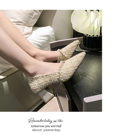 Woman Sexy High Heels New Elegant Wedding Dress Shoes Ladies Shallow Office Party Shoes Tweed Style Side Hollow Single Shoes