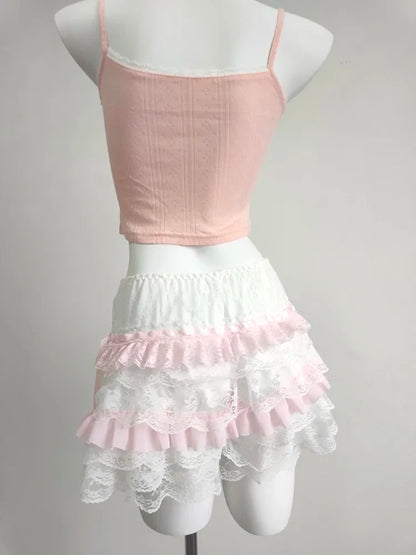 Cute Shorts Women Summer Bow Decoration Pink Lace Patchwork Elastic Waist Lolita Multilayer Bottoming Shorts for Sweet Girls