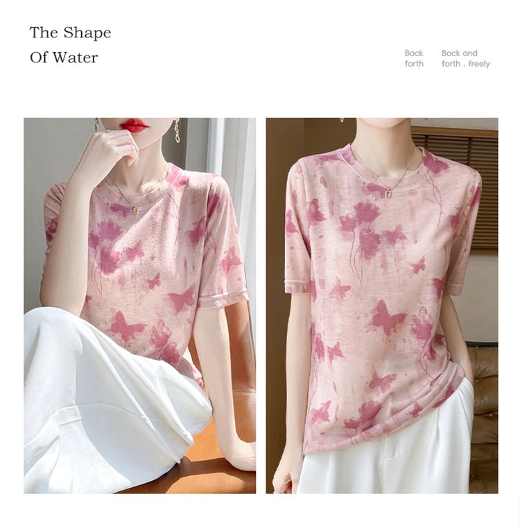 Spring And Summer New Lyocell Short Sleeve Sweater Loose Thin Half Sleeve T-shirt Printed Top