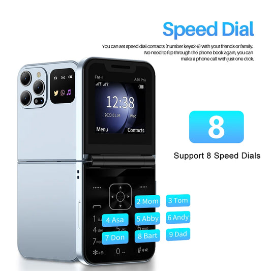Foldable Mobile Phones Speed Dial 2 SlM Cards 2.4" Display Cellphone Call Recording LED flashlight Blacklist FM Radio Telephones