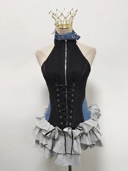 TWOTWINSTYLE Colorblock Slimming Spliced Lace Up Dresses for Women Halter Neck Sleeveless Patchwork Ruffles Fold Dress Female