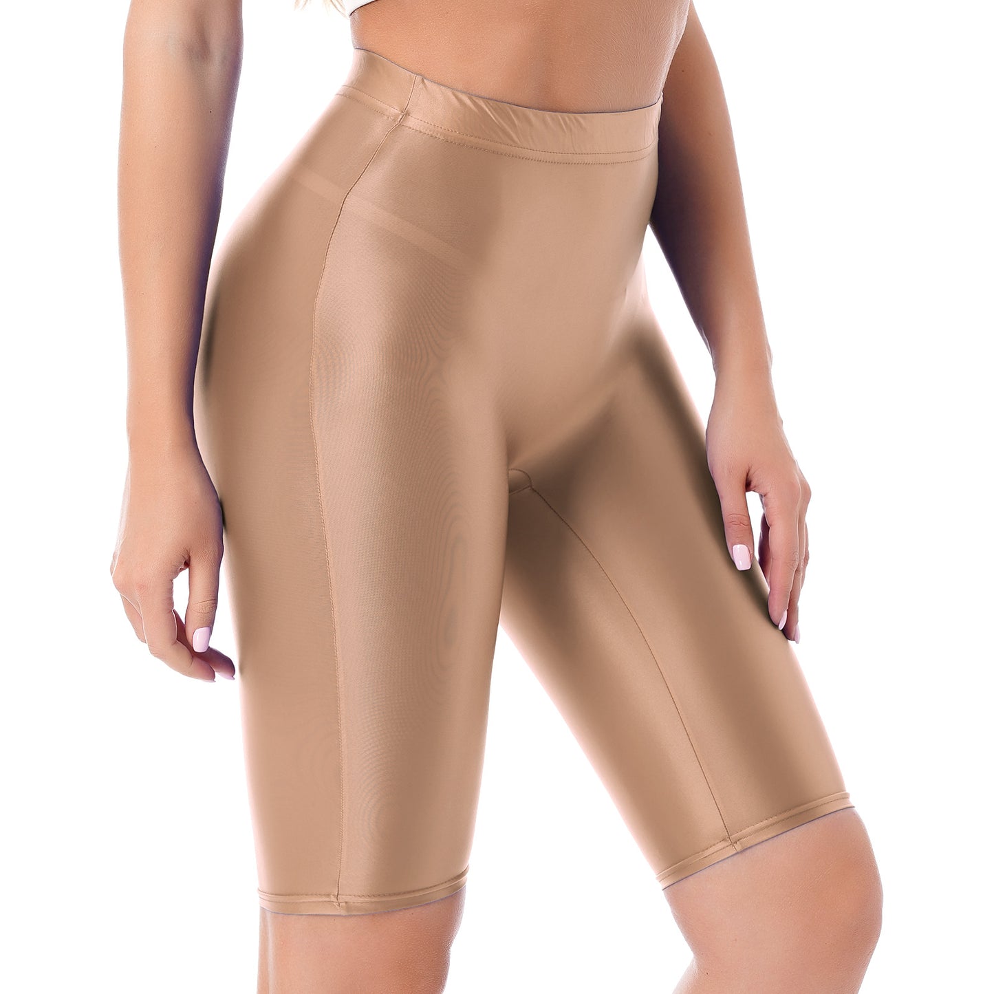 Women Glossy Shorts High Waist Fitness Short Leggings Oil Shiny Knee-Length Tights Swimming Trunks Female Workout Sports Bottoms