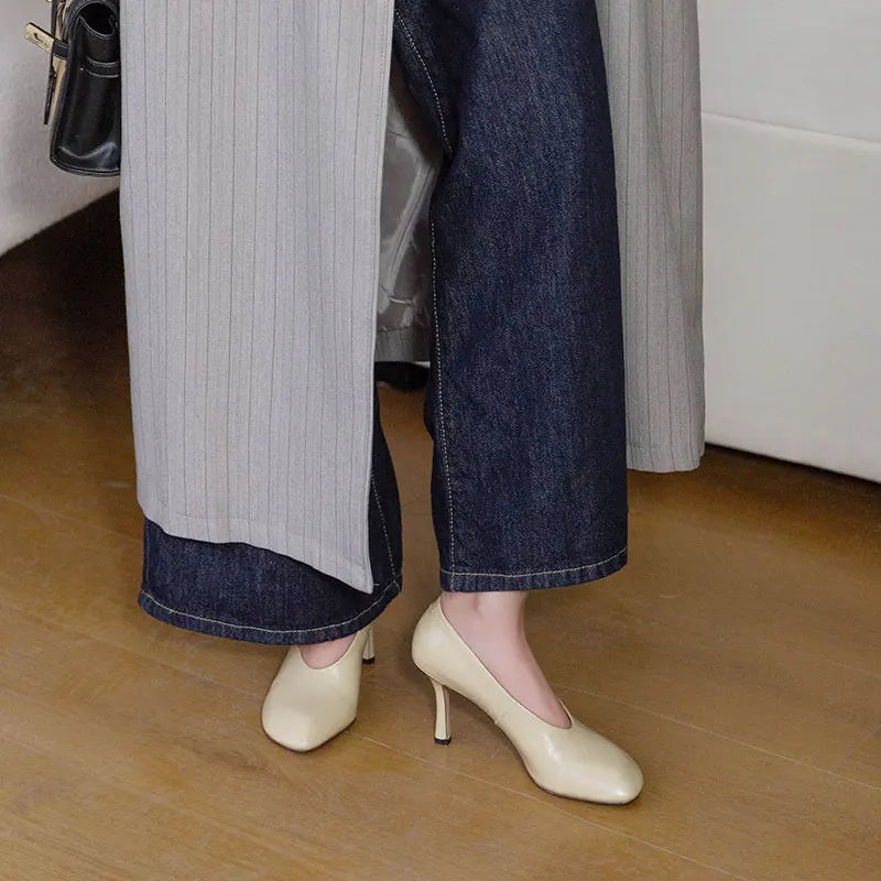 Woman Shoes Sexy Heeled For Retro Pumps French Style Leather Pumps Slip On European Spring High Heels Handmade Vintag Dress Pump
