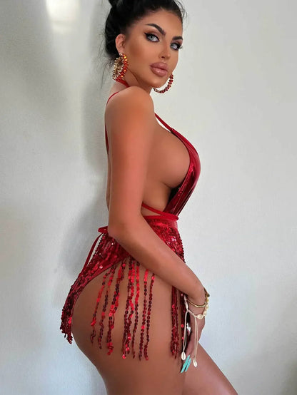 swimsuit women's new European and American sexy deep V swimsuitsNightclub hot girls tassel one-piece swimsuits