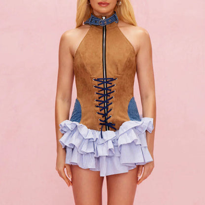 TWOTWINSTYLE Colorblock Slimming Spliced Lace Up Dresses for Women Halter Neck Sleeveless Patchwork Ruffles Fold Dress Female