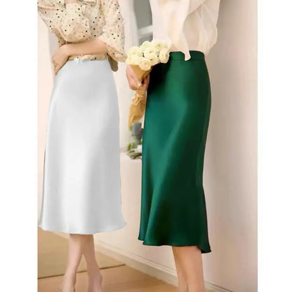 Fashion Oversized Women Clothing Satin Skirts Summer Temperament Solid Color High Waist A-line Skirt Female Simplicity Skirt