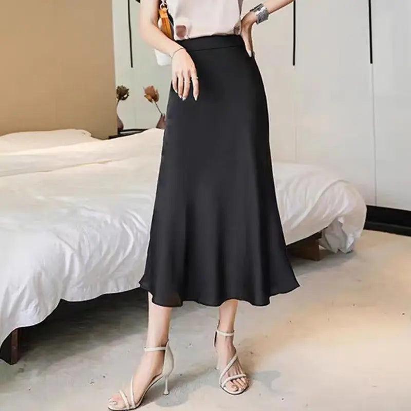 Fashion Oversized Women Clothing Satin Skirts Summer Temperament Solid Color High Waist A-line Skirt Female Simplicity Skirt