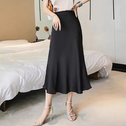 Fashion Oversized Women Clothing Satin Skirts Summer Temperament Solid Color High Waist A-line Skirt Female Simplicity Skirt