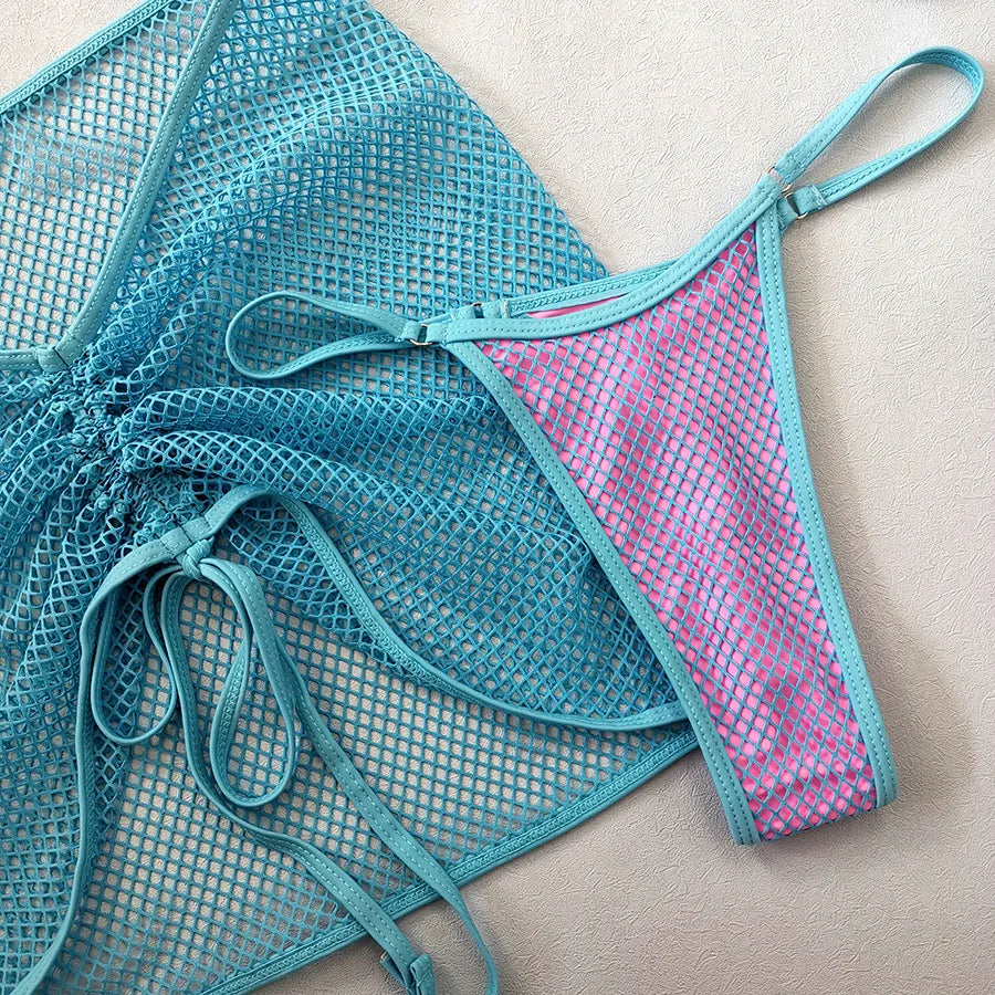 SINGREINY Mesh Sheath Sexy Bikini Sets Female Mini Camis Briefs+Short Skirt Set Fashion Drawstring Sensual Beach 3 Pieces Suits
