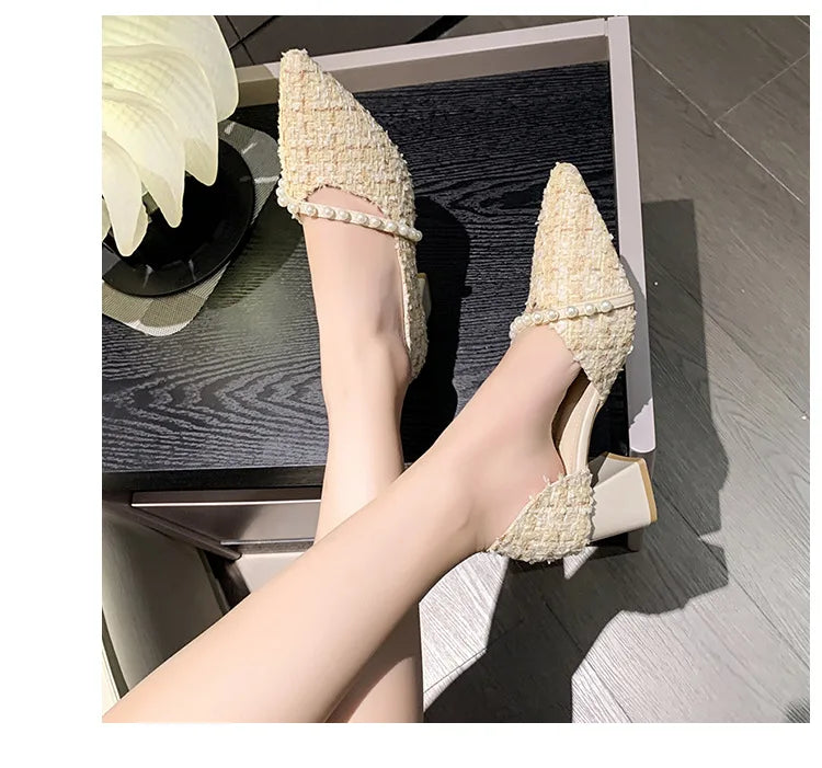 Woman Sexy High Heels New Elegant Wedding Dress Shoes Ladies Shallow Office Party Shoes Tweed Style Side Hollow Single Shoes