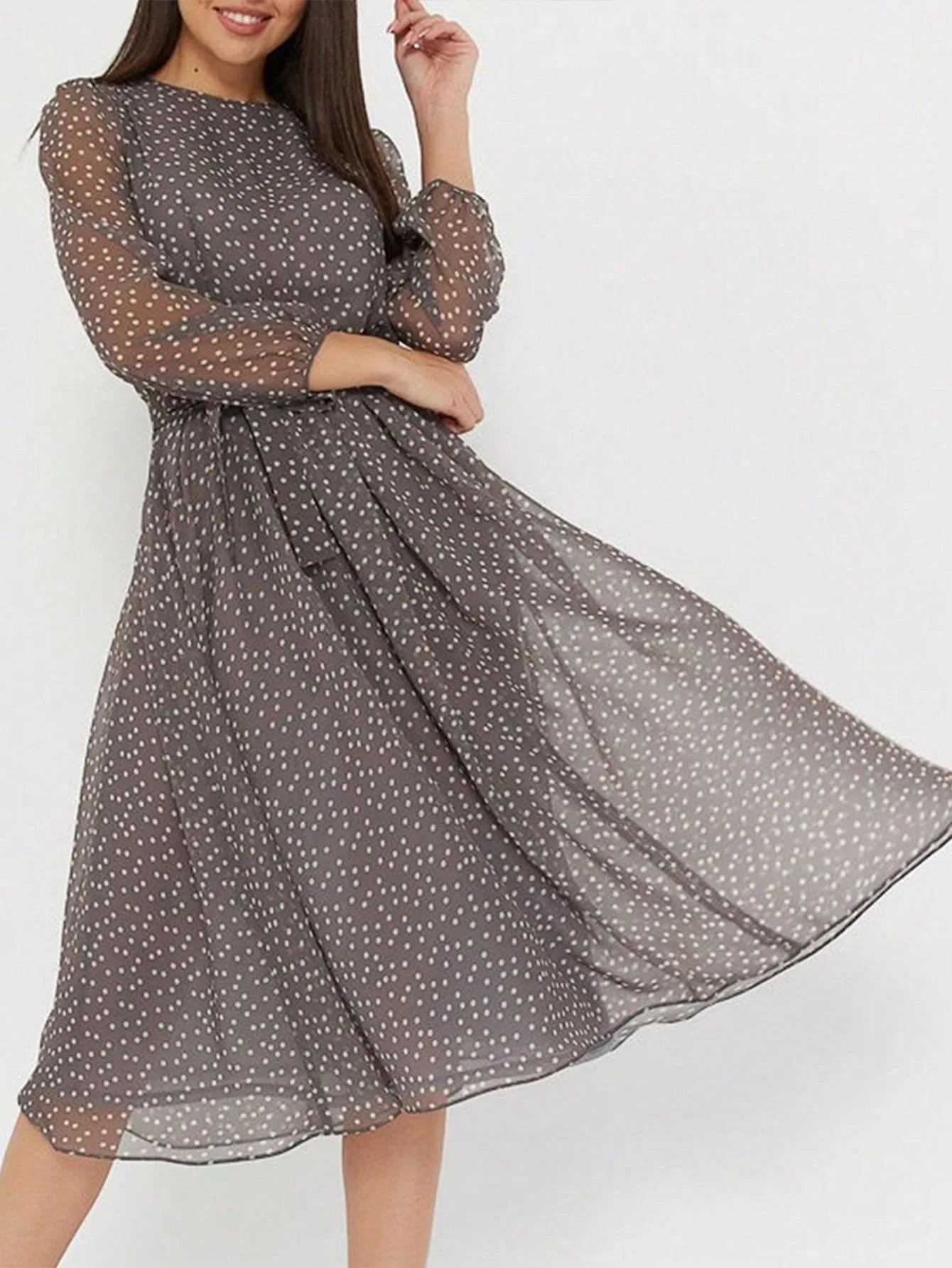 Print Dot Dress Women Casual Long Sleeve Round Neck Midi Dresses Lace Up Vocation Elegant Vestidos Summer 2025 Y2k Streetwear