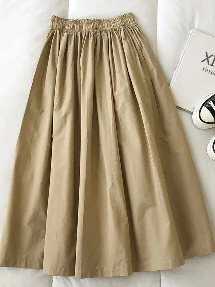 2025 New Casual Elegant High Waist A Line Skirts Women Solid Color Long Skirt Fashion Pockets Pleated Knee Length Skirts Autumn