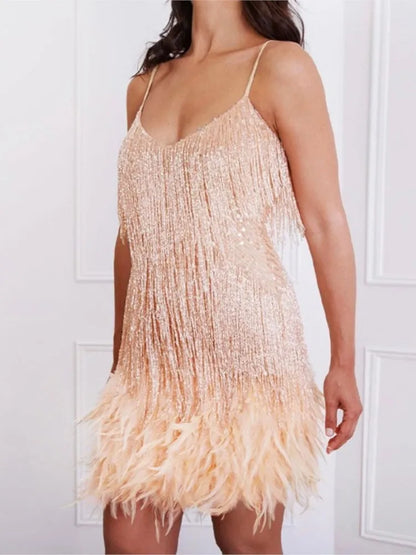 Summer Fashion Elegant Tassel Sequin Dress Women's Sexy Slim Sleeveless V-neck High Waist Suspender Feather Stitching Dresses