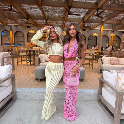 Swimwear Skirt Cover-up 2 Piece Set Women Crop Tops And Maxi Skirt Bathing Suit Fashion Solid Hollow Sexy Beach Cover Up Outfits