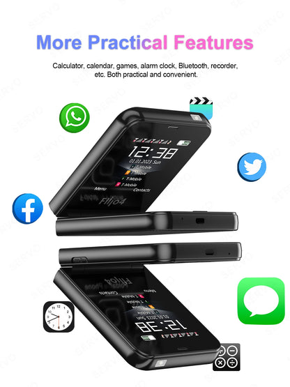 SERVO 4 SIM Fashionable Flip Cellular Phone Speed Dial Flashlight Magic Voice FM Radio 2G GSM Foldable Mobile Phone Type-C 2.6"