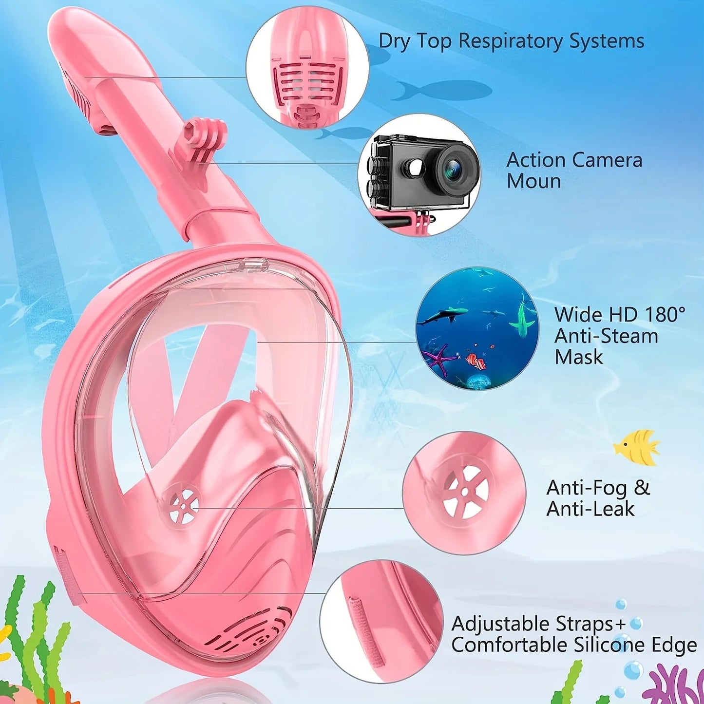 Kids Snorkel Mask Anti-Fog Leak-Proof Soft Silicone Design Easy to Wear Diving Mask Underwater Scuba Full Face 360° Panoramic