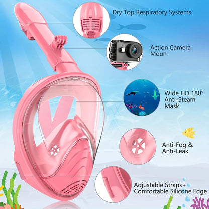 Kids Snorkel Mask Anti-Fog Leak-Proof Soft Silicone Design Easy to Wear Diving Mask Underwater Scuba Full Face 360° Panoramic