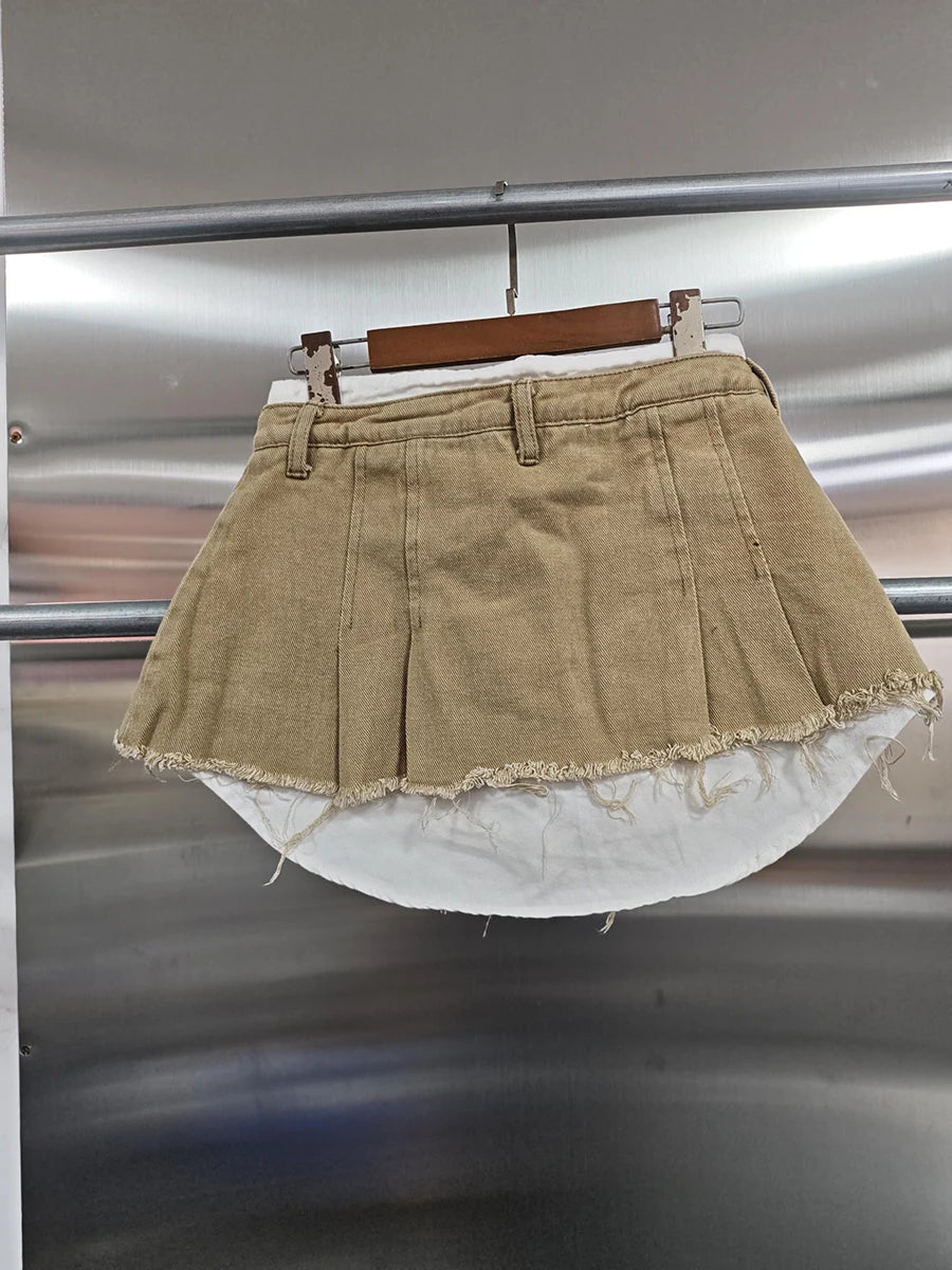 KBQ Temperament Slim Fit Denim Mini Slirts For Women High Waist Spliced Button Daily Casual Commute Skirt Female Fashion Style