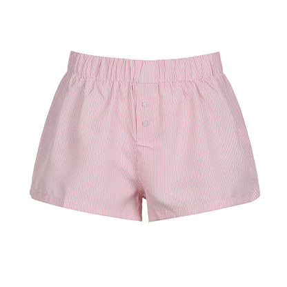 Striped Print Casual Shorts for Women Elastic Waist Fashion Button Bottoms Streetwear Chic Basic Y2K Loose Shorts