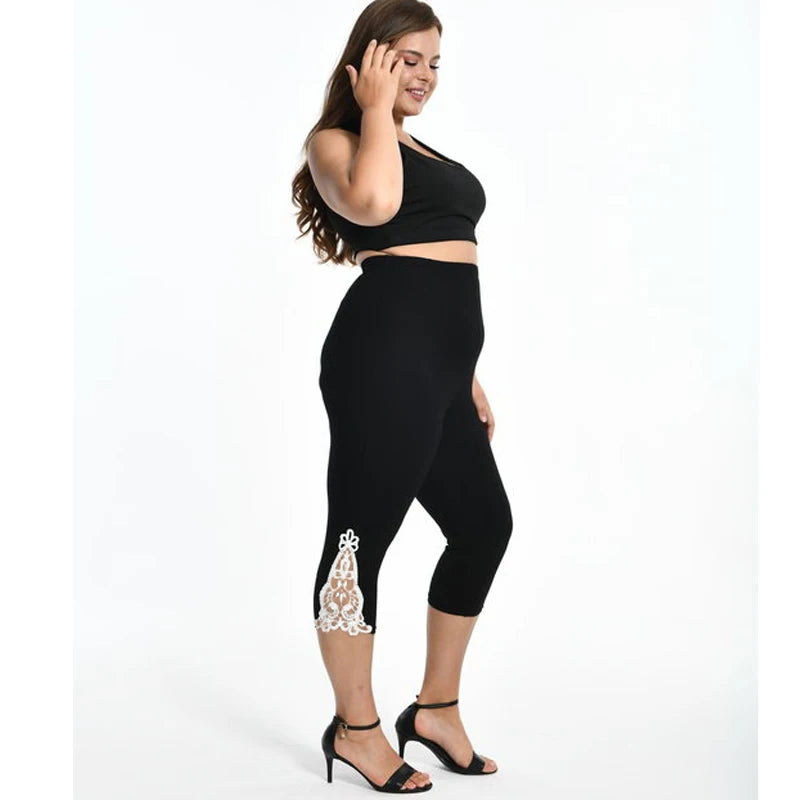 7XL Large Size Leggings For Women Summer Thin Tick 3/4 Capris Short Lace Hollow Tight Pants Black White Pink Red  6XL 5xl 4xl