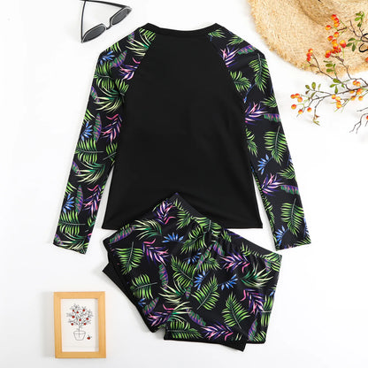 New 2026 Women's Vintage Print Swimsuit Rash Guards Long Sleeve Swimwear Surfing Sports Pool Swimming Suit Two-Piece Bath Suits