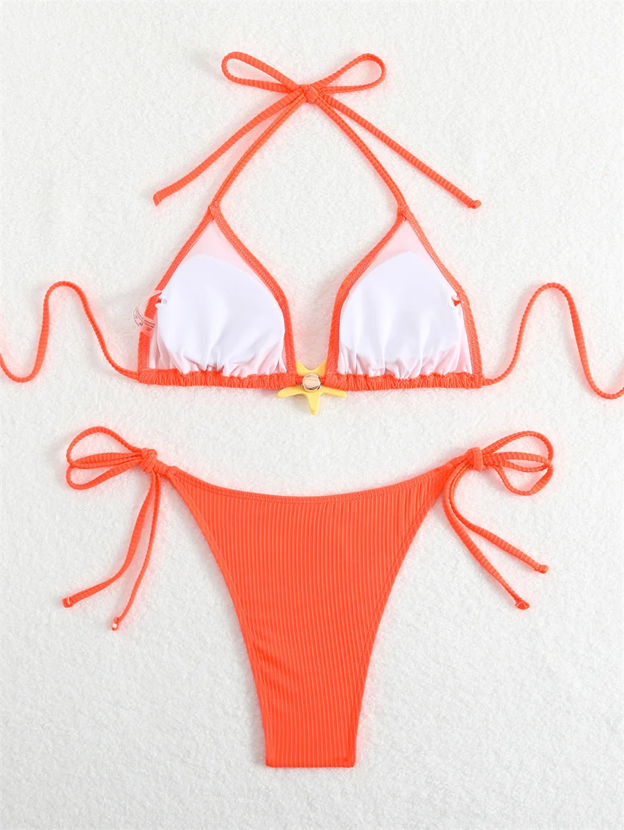 Women Swimsuits Separate Halter Bikinis Set With Chest Pad Solid Color With Starfish Beachwear Summer Vacation Two-Piece Sets