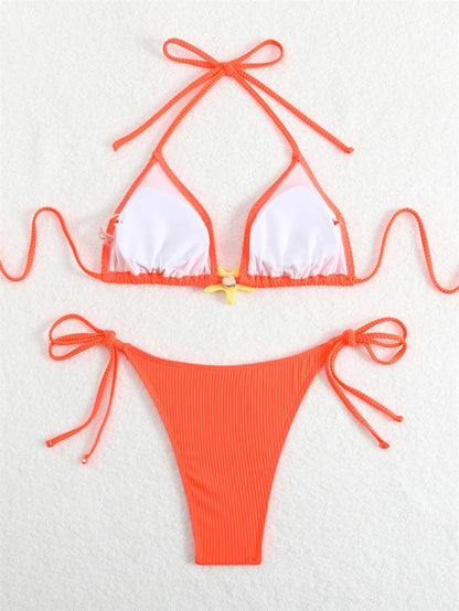 Women Swimsuits Separate Halter Bikinis Set With Chest Pad Solid Color With Starfish Beachwear Summer Vacation Two-Piece Sets